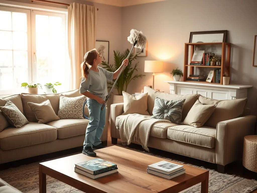 A brightly lit, spotless living room with a woman dusting furniture, showcasing residential cleaning services.