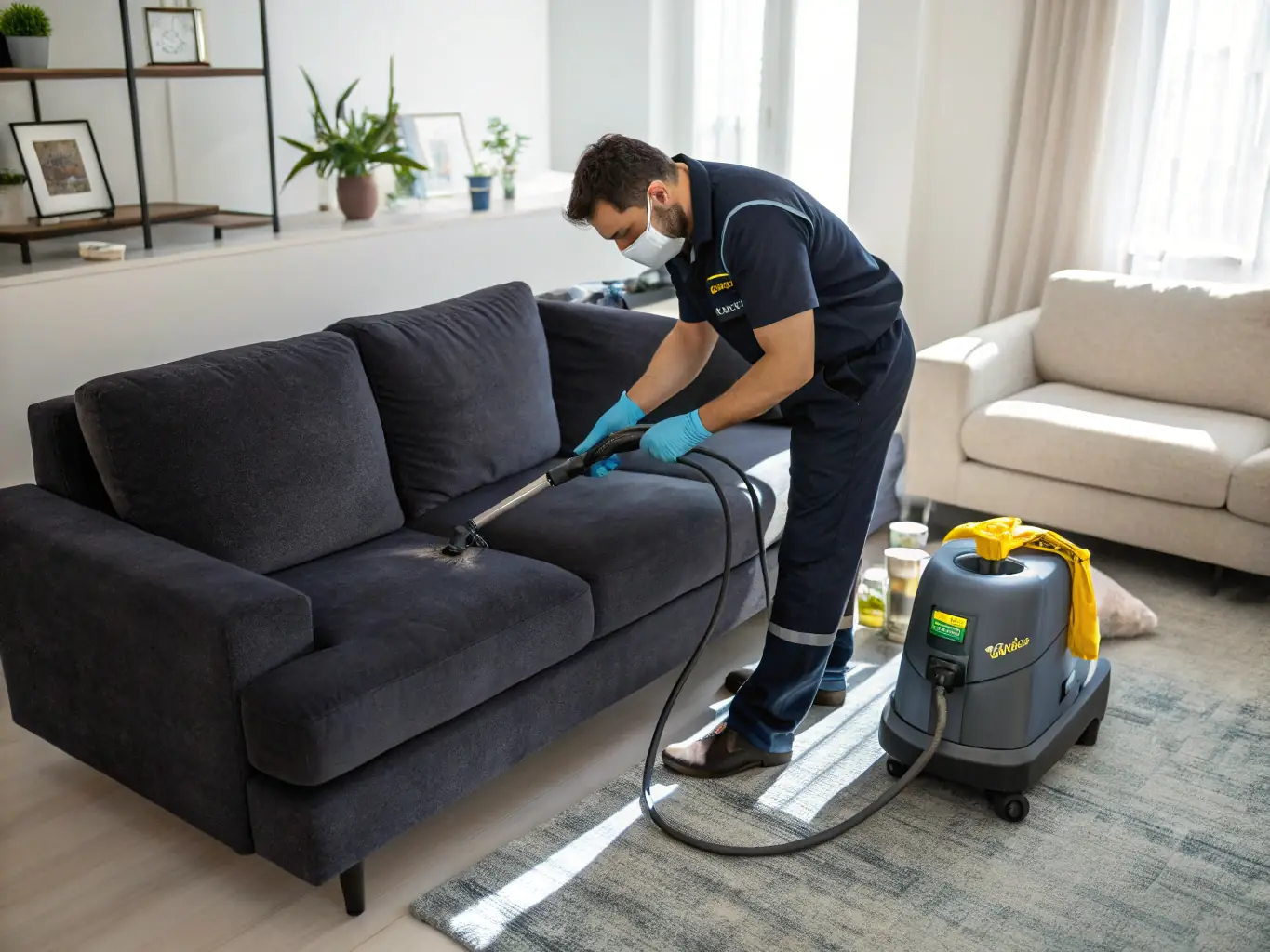 A close-up shot of a technician using specialized equipment to clean upholstery, highlighting Partners in Shine's commitment to detailed cleaning.