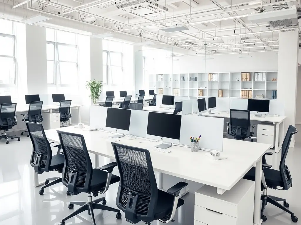 A modern office space with employees working in a clean and organized environment, representing commercial cleaning services.