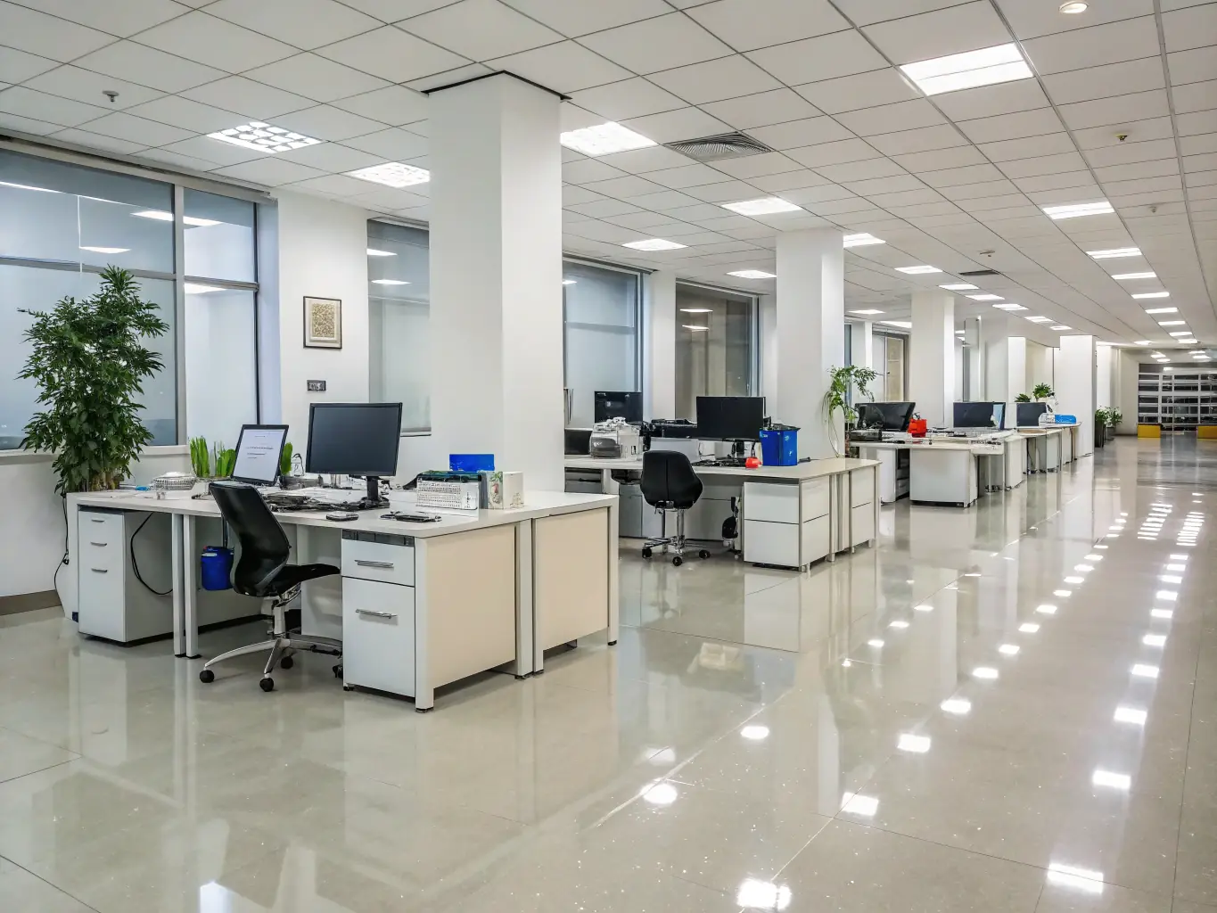 A modern office space with gleaming floors and tidy desks, reflecting the high standards of Partners in Shine's commercial cleaning service.