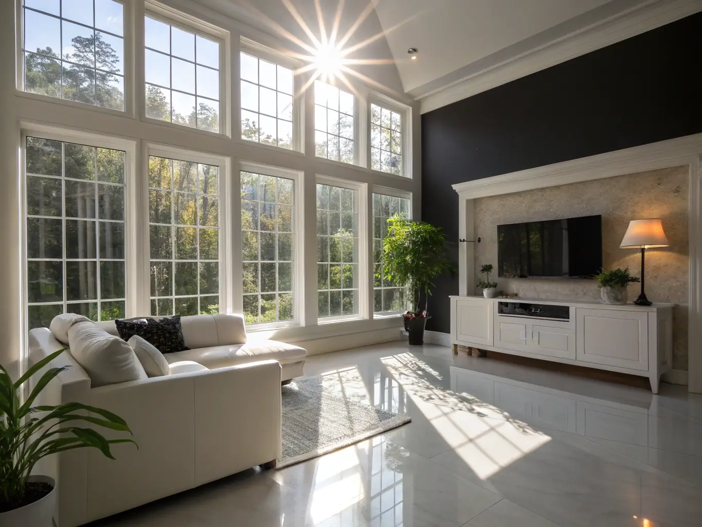 A bright, sunlit living room with sparkling clean windows and furniture, showcasing the effectiveness of Partners in Shine's residential cleaning service.